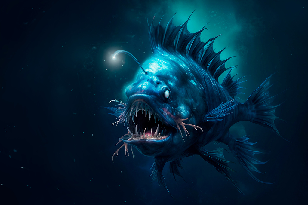 Um peixe-diabo fêmea nas profundezas do oceano, com sua isca bioluminescente brilhando intensamente, atraindo um macho menor.
