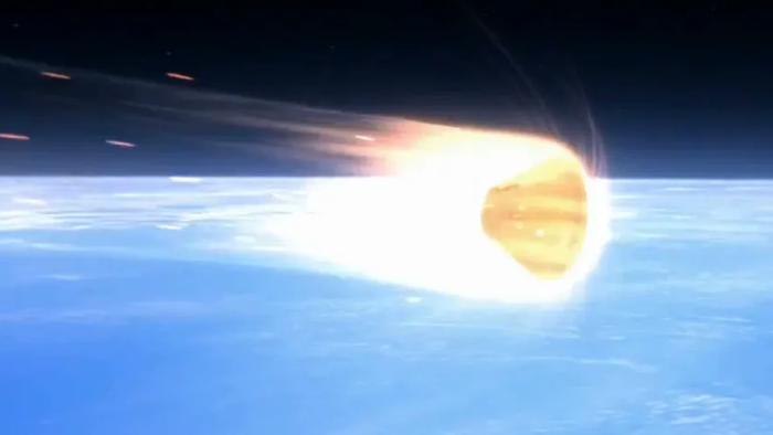 Ilustração da cápsula Orion da Artemis II reentrando na atmosfera da Terra, com astronautas dentro.