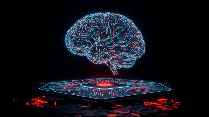 Imagem conceitual de um chip de computador com neurônios crescendo sobre ele, representando a união entre biologia e tecnologia.