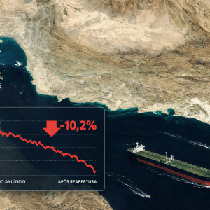Imagem do Estreito de Ormuz com navios petroleiros ao fundo, representando a importância da rota para o comércio global de petróleo.