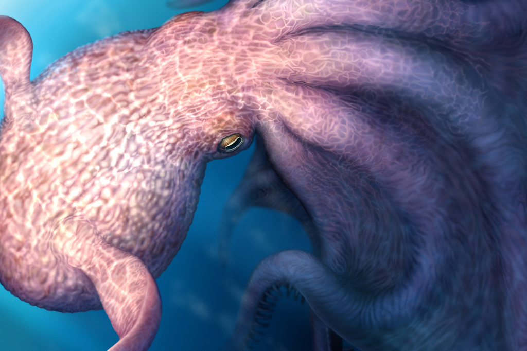 Ilustração de um polvo gigante caçando em um oceano pré-histórico, com répteis marinhos ao fundo.